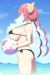 1girls absurdres alternate_height ass ball bangs beach beachball bikini black_bikini blue_sky blush breasts busty cloba cloud colored_tips covered_nipples curled_horns day dragon_girl dragon_horns female female_only from_side gradient_hair highres holding holding_ball horns huge_breasts ilulu_(dragon_maid) ilulu_(maidragon) kobayashi-san_chi_no_maidragon light-skinned light-skinned_female light_skin long_hair miss_kobayashi's_dragon_maid multicolored_hair oerba_yun_fang only_female open_mouth pink_hair pointy_ears profile red_eyes red_hair side-tie_bikini side_view sideboob silhouette skindentation sky smile solo solo_female strap_gap swimsuit swimwear top_heavy two-tone_hair very_long_hair wading water wet