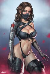 1girls big_breasts breasts brown_hair bucky_barnes cleavage dravacus female female_only fully_clothed genderswap_(mtf) green_eyes hourglass_figure marvel mask metal_arm panties revealing_clothes rule_63 skimpy stockings thick_thighs wide_hips