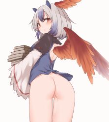 ass backless_outfit bangs bird_wings blue_hair blush book book_stack bottomless brown_eyes censored commentary_request cowboy_shot eyebrows_visible_through_hair female from_behind gradient_hair hair_between_eyes head_wings highres holding holding_book long_sleeves looking_at_viewer looking_back miyo_(ranthath) mosaic_censoring multicolored_hair pussy short_hair simple_background solo tokiko_(touhou) touhou white_background white_hair wide_sleeves wings