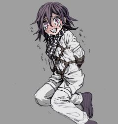 1boy bondage bound crying crying_with_eyes_open danganronpa danganronpa_v3 forced light_skin male male_only musorkot nervous nervous_smile ouma_kokichi purple_eyes purple_hair restrained rope rope_bondage scared scarf shibari shibari_over_clothes solo straight_hair tied_up