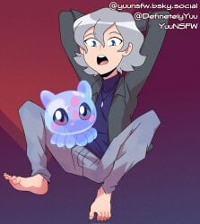 baby baby_digimon blue_eyes clothed definetelyyuu digimon digimon_(species) digimon_ghost_game grey_hair human iamyuu kiyoshirou_higashimitarai male puyomon tagme yuunsfw