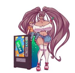 1boy 1girls 2019 amazon breasts cara_(n647) cleavage color dark-skinned_female duo female giantess huge_breasts long_hair male mini_giantess n647 nipple_bulge original original_character shorts size_difference soda thick_thighs thin_waist twintails vending_machine voluptuous wide_hips