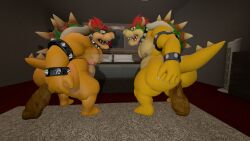 2boys anthro ass backsack balls bedroom big_butt bowser carpet dragon duo duo_focus feces genitals group hand_on_butt hi_res holding_butt koopa looking_at_viewer looking_back male male_only mario_(series) nintendo nipples overweight penis pooping_on_floor raised_tail reptile scalie scat slightly_chubby tecbuttlovefa tongue tongue_out turtle video_games