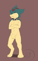 anthro balls brandon_(littlerager) closed_eyes crossed_arms digitigrade flaccid foreskin genitals hi_res littlerager male neckwear neckwear_only nintendo penis pokémon_(species) pokemon pokemon_(species) quilava solo thick_penis video_games