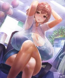 arms_up big_breasts blouse blush bra bra_visible_through_clothes brown_eyes brown_hair cleavage crossed_legs detailed_background female female_only huge_breasts masamasa massive_breasts office office_lady original panties_aside pencil_skirt see-through_clothing sheer_legwear short_hair sitting smile solo unbuttoned_shirt