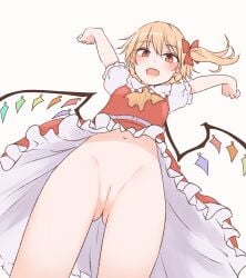 :d arms_up ascot ass_visible_through_thighs bangs blonde_hair censored commentary crystal eyebrows_visible_through_hair female flandre_scarlet frilled_shirt_collar frilled_skirt frills from_below hair_between_eyes hair_ribbon highres looking_at_viewer looking_down miyo_(ranthath) mosaic_censoring navel no_panties oerba_yun_fang one_side_up open_mouth pussy red_eyes red_ribbon red_skirt red_vest ribbon shirt short_hair short_sleeves simple_background skin_fang skirt skirt_set smile solo touhou upskirt vest white_background white_shirt wings yellow_ascot