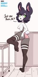 1girls animal_ears animated anthro ass black_hair blush bunny_ears diives fur green_eyes heart leg_up looking_back nat_(vesperinox) no_shoes original panties short_hair skirt_lift socks sweat text