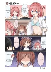 1boy 2girls 4koma bangs black_hair blue_bra blue_eyes blue_panties bow bow_bra bra breasts brown_hair brown_skirt closed_eyes collarbone collared_shirt comic eyebrows_visible_through_hair hair_ornament hair_ribbon hairclip imouto-chan_(monaka_curl) koakuma-chan_(monaka_curl) medium_breasts monaka_curl multiple_girls navel open_clothes open_mouth open_shirt original panties pink_hair plaid_skirt ribbon shirt short_hair skin_fang skirt small_breasts smile teardrop translated twintails two_side_up underwear undressing white_shirt