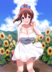 1girls adjusting_hair bangs basket blue_eyes blue_sky blush breasts brown_hair cai_geng cleavage cute day dress female flower hair_between_eyes idolmaster idolmaster_million_live! large_breasts long_hair outdoors outside satake_minako sky sleeveless sleeveless_dress smile solo spaghetti_strap sundress sunflower white_dress