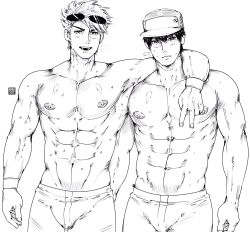 2boys abs barayot blue_(pokémon) blue_(pokemon) blue_oak gay male male_only muscular_male pectorals red_(pokemon)