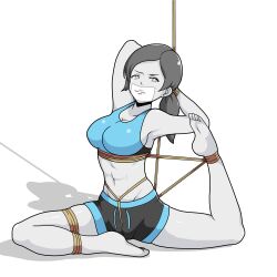 1girls arms_tied_behind_back bondage bound bound_legs crotch_rope female female_only femsub fully_clothed gag gagged grey_eyes grey_hair looking_at_viewer rope solo super_smash_bros. tape tape_gag tiedtiki wii_fit wii_fit_trainer