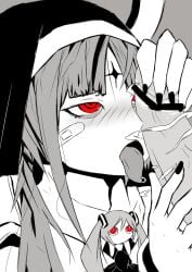 1boy 1girls aimaina black_and_white censor_bar censored greyscale hetero kamippoina_(vocaloid) licking_penis monochrome mv_character nun open_mouth penis penis_awe pinocchiop red_eyes sniffing_penis tongue tongue_out vocaloid