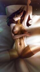 absurd_res anthro areola bed bedroom breasts brown_hair closed_eyes dragon female fingers furniture genitals hair hi_res horn lying navel nipples nude on_back scales solo white_body white_scales white_skin yumemi13