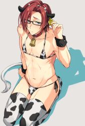 1boy aaside argonavis_from_bang_dream! bikini blue_eyes blush bulge bulge_through_clothing choker cow_ears cow_horns cow_print cow_tail cowbell glasses hairy_penis lingerie looking_at_viewer looking_up male male_only megane micro_bikini muscular_thighs red_hair satozuka_kenta shame shy sitting thighhighs thighs