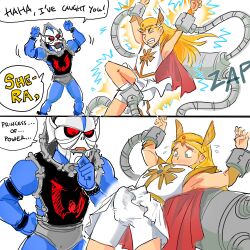 2boys adora ankle_cuffs armor armpits bike_shorts bishopbb blonde_hair blue_eyes blue_skin blush bondage bracer cape captured captured_heroine closed_eyes comic cuffs dialogue dress electricity electrostimulation embarrassed english_text erection erection_under_clothes femboy feminine_male genderswap genderswap_(ftm) hordak horde_symbol_(she-ra) light-skinned_male light_skin long_hair looking_at_own_penis looking_at_penis looking_down machine male male_focus male_only metal_cuffs pauldrons red_cape restrained rule_63 she-ra she-ra_and_the_princesses_of_power she-ra_princess_of_power simple_background sissy skirt sound_effects source_request speech_bubble sweat text tiara trap white_background white_dress white_skirt wrist_cuffs