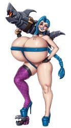 1girls alternate_breast_size bikini bimbo blue_hair blue_high_heels braided_hair breasts_bigger_than_head choker enormous_breasts fingerless_gloves gigantic_breasts grenade gun hand_on_hip high_heels huge_breasts jinx_(league_of_legends) large_breasts league_of_legends lipstick looking_at_viewer massive_breasts mootium plain_background posing presenting purple_eyes purple_lipstick riot_games rocket_launcher round_breasts shiny_skin smiling solo solo_female stocking t-shape_bikini tattoo tattoo_on_breast thick_thighs thighs top_heavy weapon weapon_over_shoulder