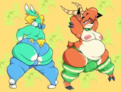 animal_crossing anthro ass beau_(animal_crossing) bedroom_eyes belly big_bulge big_butt bikini bikini_bottom bulge cervid chubby_male clothing duo hi_res lagomorph leggings legwear leporid male male/male mammal narrowed_eyes nintendo rabbit redphucksaround sasha_(animal_crossing) seductive swimwear video_games