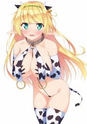 1girls aqua_eyes blonde_hair breast_curtains covered_nipples cow_ears cow_girl cow_horns cow_print elf elf_ears elf_female femsub how_not_to_summon_a_demon_lord huge_breasts ichi_makoto isekai_maou_to_shoukan_shoujo_no_dorei_majutsu kazuma_(kazumav) light-skinned_female light_skin long_gloves long_hair pointy_ears shera_l_greenwood slave slave_collar submissive_female voluptuous