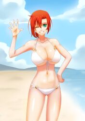 aqua_eyes beach bikini boudica_(fate) boudica_(fate/grand_order) der_zweite fate/grand_order fate_(series) huge_breasts red_hair seaside voluptuous wink