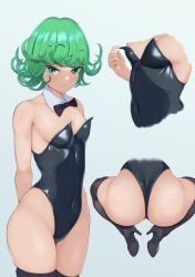 1girls angry annoyed ass bare_shoulders big_ass big_butt blush breasts bunny_ears bunny_tail bunnysuit choking clenched_teeth curly_hair drool female garter_belt gloves green_eyes green_hair high_heels large_ass looking_at_viewer nsfw_oa one-punch_man short_hair shortstack simple_background small_breasts smaller_female solo solo_female standing stockings tatsumaki thick_thighs thighhighs thighs tsundere white_background