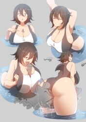 2021 ass bare_thighs big_breasts black_hair borrowed_character cleavage cora_(the_english_gent) giantess huge_breasts one-piece_swimsuit overflowing_breasts short_hair soia180 swimsuit tagme thick thick_ass thick_thighs warship