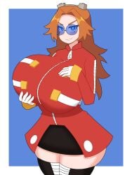 big_breasts blue-tinted_eyewear blue_eyes brown_hair dr._eggma’am dr_robotnik duskyer female fully_clothed glasses goggles_on_head holding_breast huge_breasts large_breasts long_hair looking_at_viewer meme miniskirt rule_63 sega smirk solo sonic_(series) sonic_the_hedgehog_(series) sunglasses tagme teeth thick_thighs tinted_eyewear wide_hips