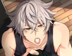 1boy aaside argonavis_from_bang_dream! asahi_nayuta blowjob boy brown_eyes colored cum cum_drinking cum_in_mouth cum_on_face gay implied_blowjob implied_deepthroat looking_at_viewer looking_up male male_only muscles muscular muscular_male shaded sweat sweatdrop sweating tongue tongue_out white_hair