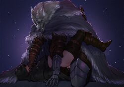 ambiguous_gender anal anal_sex anthro armor blaidd_(elden_ring) bodily_fluids canid canine canis cape clothed clothed_sex clothing drooling duo elden_ring fangs fromsoftware fur grey_body grey_fur hi_res hood human human_on_anthro interspecies larger_anthro larger_male male male/ambiguous mammal night penetration saliva sex size_difference sky smaller_penetrated triple_moonbow wolf