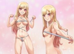 1girls ass athletic_female back blonde_hair blush bra breasts ear_piercing eyelashes fake_nails female fundoshi gyaru highres kitagawa_marin large_breasts loincloth long_hair looking_at_viewer luizhtx measuring_breasts measuring_tape mons_pubis mound_of_venus multiple_views navel nude nude_female pink_eyes sarashi sideboob smile solo sono_bisque_doll_wa_koi_wo_suru