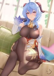 1girls ahoge bangs bare_shoulders bell blue_hair blush breasts couch dress feet female ganyu_(genshin_impact) genshin_impact gloves horns large_breasts legs legs_crossed long_hair looking_at_viewer pantyhose purple_eyes smile soles solo toes wei_xiao white_dress window