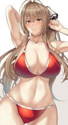 1girls 2021 amagi_brilliant_park amagi_korona antenna_hair arm_behind_head armpits arms_up bangs bare_shoulders bikini blush bow breasts brown_eyes brown_hair cleavage collarbone eyebrows_visible_through_hair female female_focus female_only frown hairbow highres large_breasts long_hair navel o-ring o-ring_bikini ponytail red_bikini sento_isuzu shiny shiny_hair simple_background solo solo_female sweatdrop swimsuit unknown_artist white_background