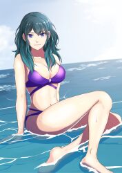 1girls absurdres alternate_costume bare_legs barefoot bikini blue_eyes breasts byleth_(fire_emblem) byleth_(fire_emblem)_(female) cleavage cloud cloudy_sky commentary_request day eyebrows_visible_through_hair fire_emblem fire_emblem:_three_houses full_body highres langu-san long_hair looking_at_viewer medium_breasts navel nintendo ocean outdoors partially_submerged purple_bikini purple_swimsuit sitting sky smile soles solo sukkirito_(rangusan) sunlight swimsuit teal_hair wet