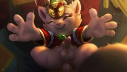 anthro anus ass balls bodily_fluids bottomwear clothing coin cum erection feral genital_fluids genitals hat headgear headwear hi_res jewelry league_of_legends leaking_cum male male/male motion_blur munie open_mouth pants penis riot_games saliva smile solo teemo video_games yordle