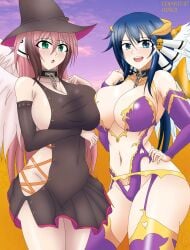 2girls big_breasts breasts cleavage clothed clothing cosplay edjarit-117 fate/grand_order fate_(series) female female_focus female_only ikaros kazane_hiyori light-skinned_female navel sora_no_otoshimono thick_thighs thighs