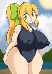 1girls beach big_ass big_breasts big_thighs blonde_hair female green_eyes green_ribbon huge_breasts large_ass large_thighs mega_man mega_man(classic) mega_man_x_dive ponytail roll s1-14 shortstack tagme