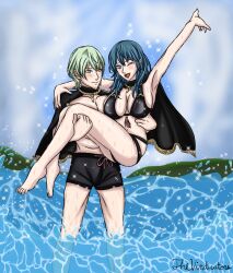 1boy 1girls alternate_costume astraplatina bikini black_bikini black_swimsuit breasts byleth_(fire_emblem) byleth_(fire_emblem)_(female) byleth_(fire_emblem)_(male) female fire_emblem fire_emblem:_three_houses fire_emblem_heroes large_breasts male nintendo official_alternate_costume outdoors selfcest swimsuit the_vindicators topless