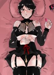 black_eyes black_hair blush condom_wrapper hand_on_stomach laying_down laying_on_bed library_of_ruina project_moon scar sweat yujin_(library_of_ruina)