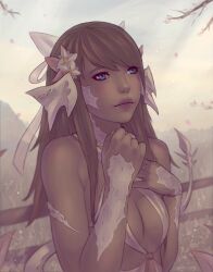 1girls 2017 au_ra bare_shoulders blue_eyes breasts brown_hair cleavage dark-skinned_female dark_skin female female_only final_fantasy final_fantasy_xiv flower hair_ornament long_hair looking_up raen small_breasts solo soranamae tail