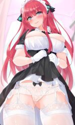 black_ribbon blue_eyes blush crying_with_eyes_open female go-toubun_no_hanayome hair_ornament large_breasts long_hair looking_at_viewer looking_down maid maid_uniform micosivaa nakano_nino pink_hair skirt skirt_lift thick_thighs thighhighs thighs uncensored underwear white_garter_belt white_garter_straps white_gloves white_panties white_stockings