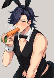 1boy 1male aaside argonavis_from_bang_dream! belly_button belly_button_visible_through_clothing bellybutton blue_hair blush blushing_at_viewer boy bunny bunny_boy bunny_costume bunny_ears bunny_tail butler butler_uniform carrot colored imminent_oral licking looking_at_viewer male_only misono_reon muscular muscular_arms muscular_male ribbon sex_toy sex_toy_in_mouth shaded shame suggestive tear uniform