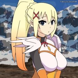 1girls 2d 2d_animation animated blonde_hair blue_eyes breast_squeeze breasts color colored darkness_(konosuba) kono_subarashii_sekai_ni_shukufuku_wo! large_breasts no_sound pale-skinned_female ponytail short_playtime shorter_than_10_seconds shorter_than_30_seconds solo solo_female tagme twistedgrim upper_body video