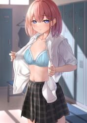 bangs black_skirt blue_bra blue_eyes blush bra breasts brown_hair cleavage collared_shirt commentary_request crossed_bangs eyebrows_visible_through_hair female highres indoors koakuma-chan_(monaka_curl) locker looking_at_viewer monaka_curl navel open_clothes open_shirt original parted_lips pink_hair plaid plaid_skirt school_uniform shirt skirt small_breasts solo underwear white_shirt