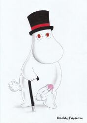 anthro balls bodily_fluids clothing daddypassion dripping erection genital_fluids genitals hat headgear headwear hi_res humanoid_genitalia male male_only moominpappa nude penis precum precum_drip precum_on_penis simple_background solo the_moomins top_hat