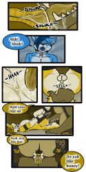 1:2 2022 9:18 anthro balls biped canid closed_eyes cobalt_(tatsuchan18) collar comic dialogue duo english_text fur genitals hair hi_res lying male mammal on_back open_mouth speech_bubble standing tatsuchan18 text