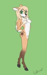 2022 absurd_res anthro areola blonde_hair breasts cervid female freckles full-length_portrait green_eyes hair hi_res mammal markings navel nude pink_areola portrait scut_tail short_tail solo spots sufficient_(artist) tan_body unguligrade_anthro white_markings