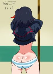 1girls ass ass_cleavage blue_and_white_striped_panties butt_crack canon_panties female female_only hefess kill_la_kill matoi_ryuuko meme panties red_highlights redraw ryukoredraw shimapan short_hair solo solo_female tagme undressing