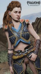 1girls 3d 3d_(artwork) aloy alternate_version_available armor bare_arms bare_legs bare_midriff bare_thighs belly_button braided_hair female female_focus female_only foulveins freckles green_eyes hairy_pussy hi_res horizon_zero_dawn long_hair looking_at_viewer midriff no_panties pubic_hair pussy red_hair solo solo_female solo_focus sony_interactive_entertainment