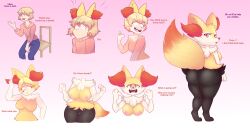 2021 angry anthro ass ass_expansion big_butt black_body blonde_hair bottomwear braixen breast_expansion breast_growth breasts chair cheek_tuft clothed clothing colored concerned confusion dialogue dissolving_clothing english_text facial_tuft fangs female flybeeth fur furniture gender_transformation genitals growth hair hi_res hoodie human human_to_anthro implied_rape implied_sex inner_ear_fluff light_body light_skin looking_back male mammal mtf_transformation nintendo nipples offscreen_character orange_eyes pants pink_background pink_clothing pink_hoodie pink_topwear pokémon_(species) pokemon pokemon_(species) prank pussy red_body red_fur sequence shaded simple_background sitting solo species_transformation standing text topwear transformation tuft video_games white_body white_fur wide_hips yellow_body yellow_fur