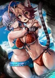 2futas abs ahoge animal_ears animal_hands arashi_yagatake asagaya_rin ball_bulge balls balls_in_panties balls_under_clothes beach big_ass big_breasts bikini blue_bikini blush breasts bright_pupils brown_hair bulge cat_ears cat_paws cat_tail cave checkered_bikini checkered_clothes cleavage clothed clothing crab curvy dickgirl duo flaccid futa_only futa_with_futa futanari highres hug huge_ahoge huge_breasts humanoid intersex kemonomimi light-skinned_futanari light_purple_hair light_skin looking_at_viewer mostly_nude multiple_futa ocean open_mouth original pale_skin panties panty_bulge paws penis penis_bulge penis_in_panties penis_under_clothes plump pointing_at_viewer purple_eyes red_eyes scared short_hair small_penis standing tail teeth thighhighs underboob water wavy_mouth wet wide_hips yagatake_arashi yana_(nekoarashi)