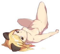 1girls animal_ears artist_name bad_id bad_twitter_id barefoot blonde_girl_(cloba) blonde_hair breasts brown_eyes cloba closed_mouth collarbone color colored completely_naked completely_nude completely_nude_female eyebrows_visible_through_hair female female_only full_body groin highres inactive_account light-skinned light-skinned_female light_skin looking_at_viewer lying naked naked_female navel nipples nude nude_female on_back only_female original short_hair simple_background small_breasts solo solo_female solo_focus thighs white_background